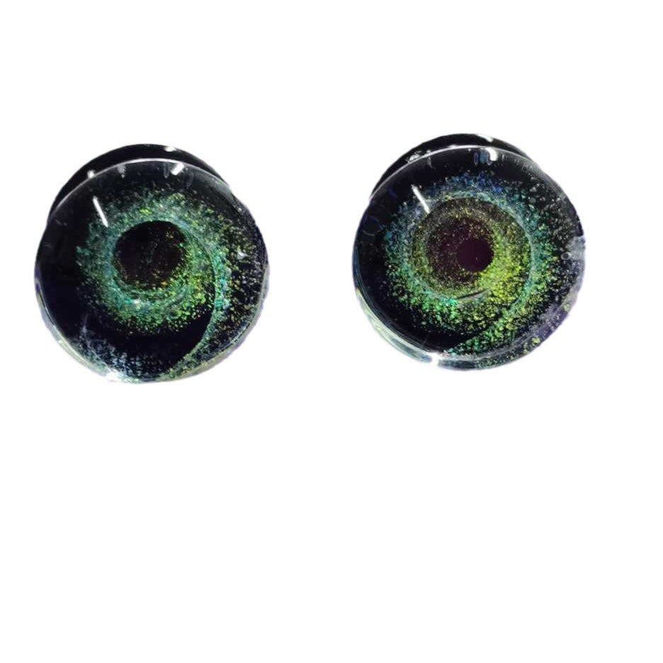 Green cosmic stars black hole swirls glass stud piercing jewellery, glass ear expanders, ear jewellery