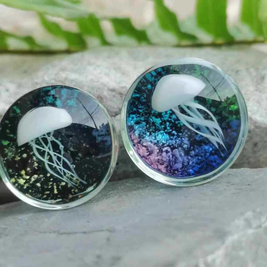Colourful foil ocean jellyfish glass ear expansion earrings piercing jewellery