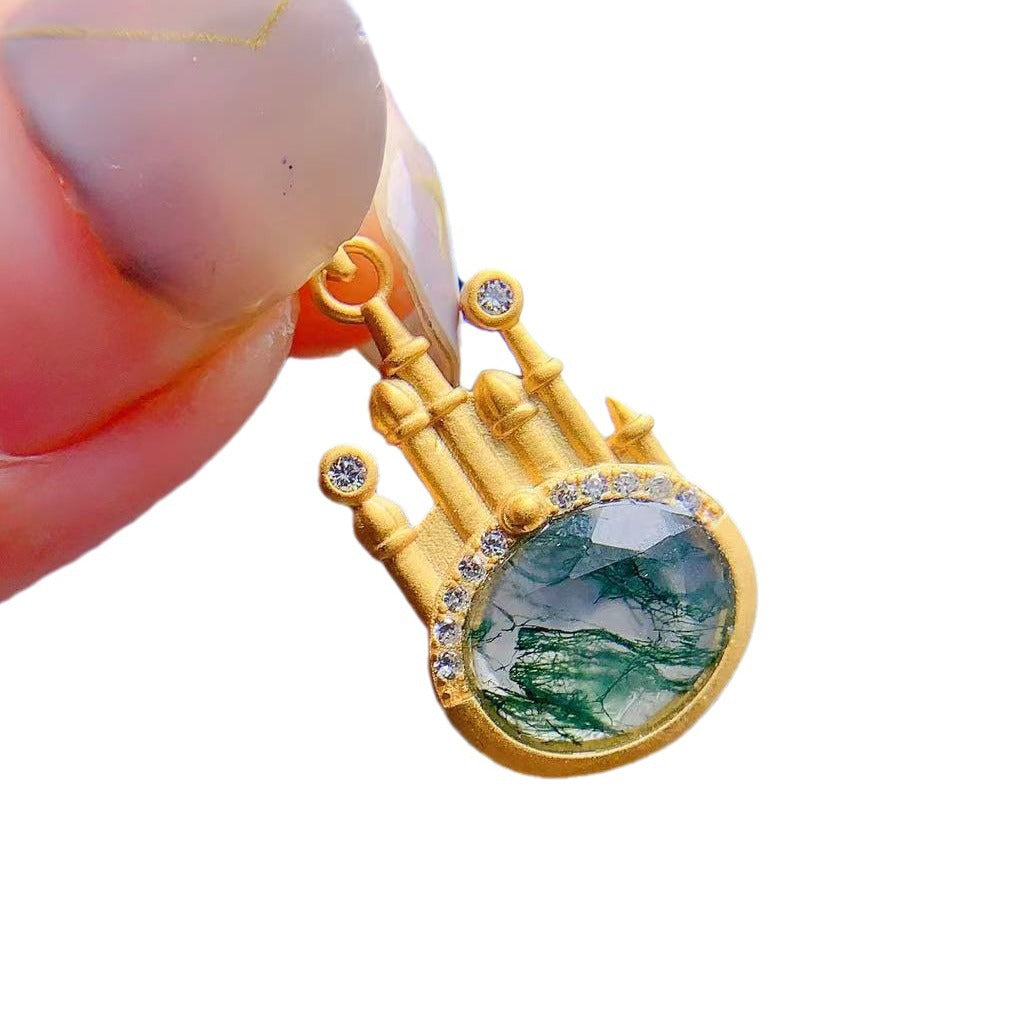 2022 transfrontalier agate verte naturelle s925 argent pendentif mousse verte princesse château Europe et États-Unis rétro collier génération