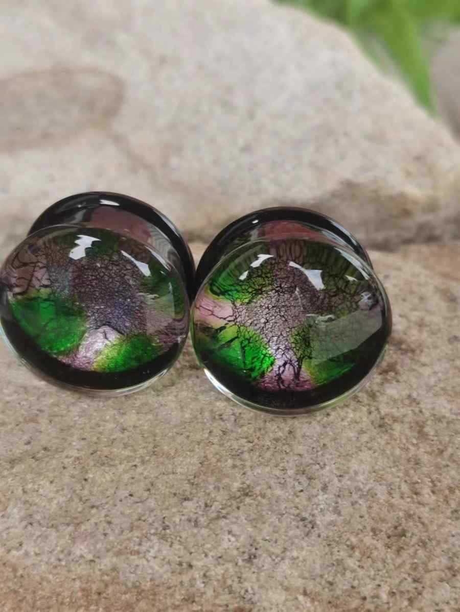 Green and Purple Colour Foil Glass Ear Expansion Piercing Jewellery Earrings Stud Earrings Jewellery