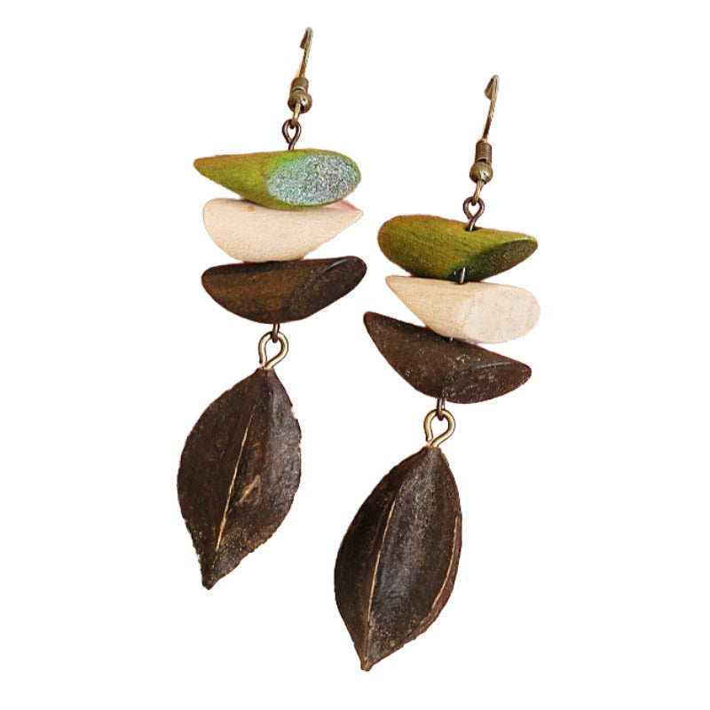 Handmade retro Mori earrings famous resort windsurfing three-color wooden diamond-shaped dangling beads dried fruit earrings earrings
