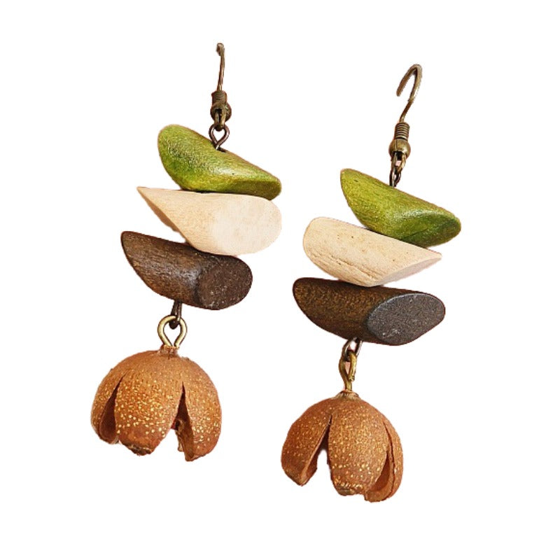 Handmade retro Mori earrings famous resort windsurfing three-color wooden diamond-shaped dangling beads dried fruit earrings earrings