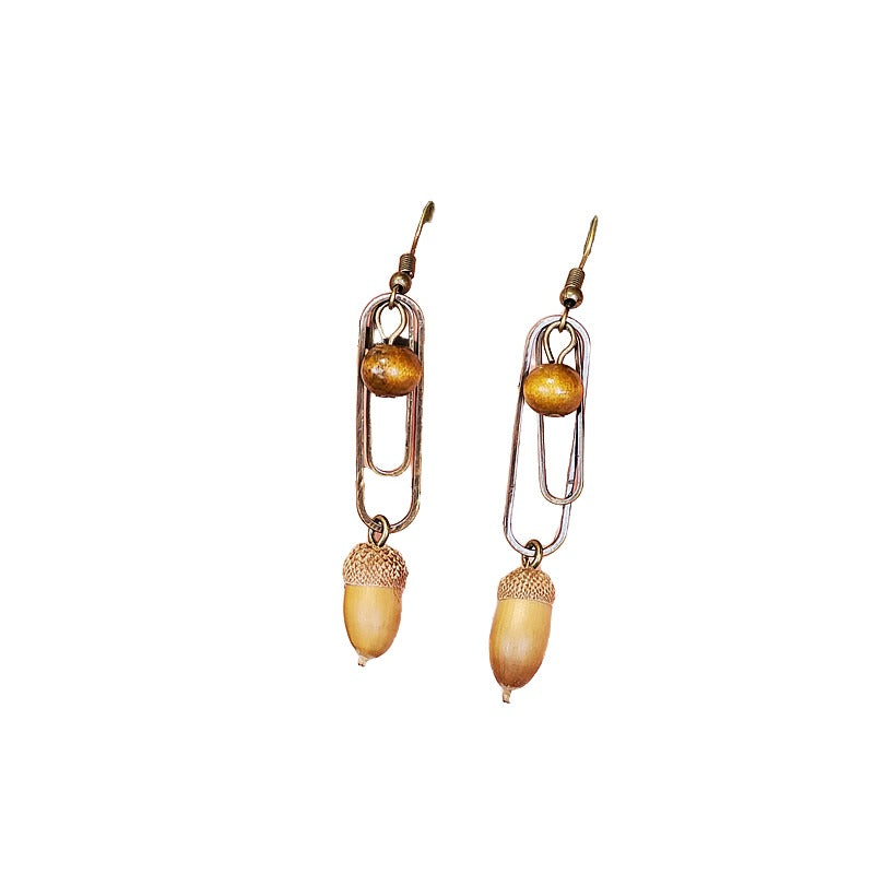 Creative earrings retro Mori dried fruit niche temperament white with long female wooden swing back dangling beads dried fruit earrings female