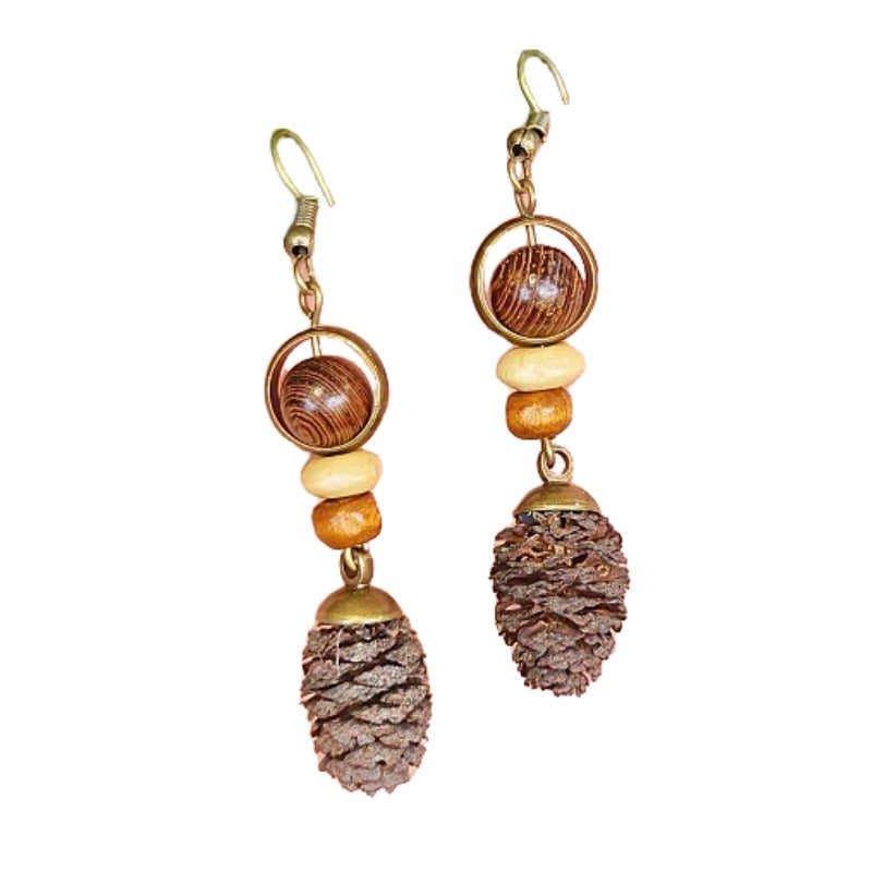 Handmade retro Mori dried fruit simple personality design models mahogany long hollow round wooden beads female earrings earrings