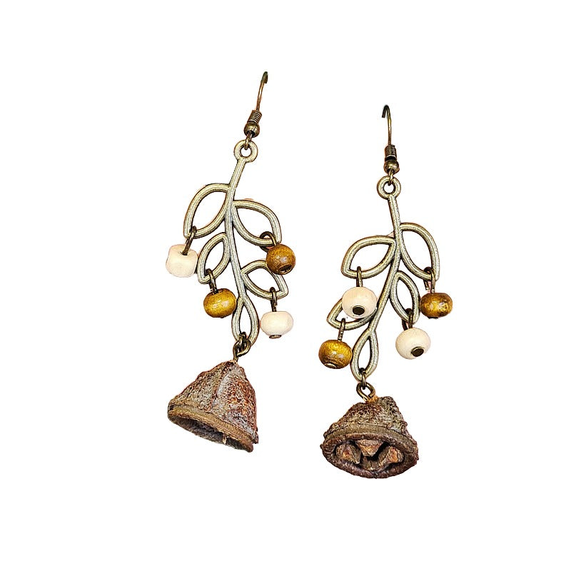 Vintage Mori natural dried fruit niche personalized design models mahogany long leaves hollow female earrings ear hooks