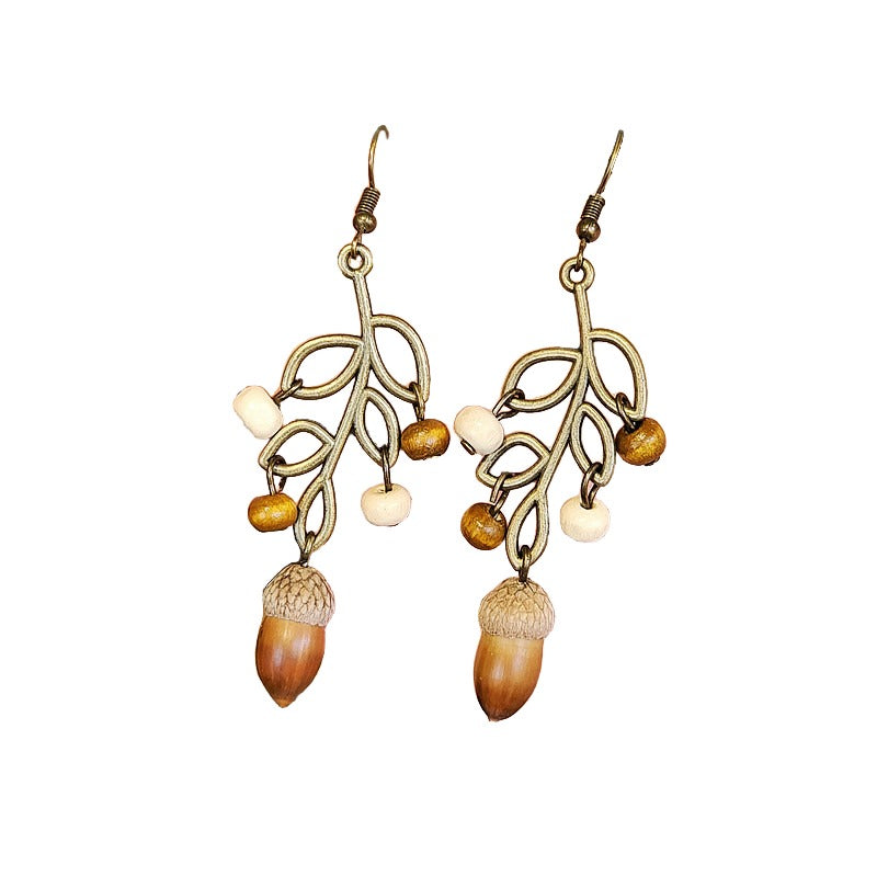 Vintage Mori natural dried fruit niche personalized design models mahogany long leaves hollow female earrings ear hooks