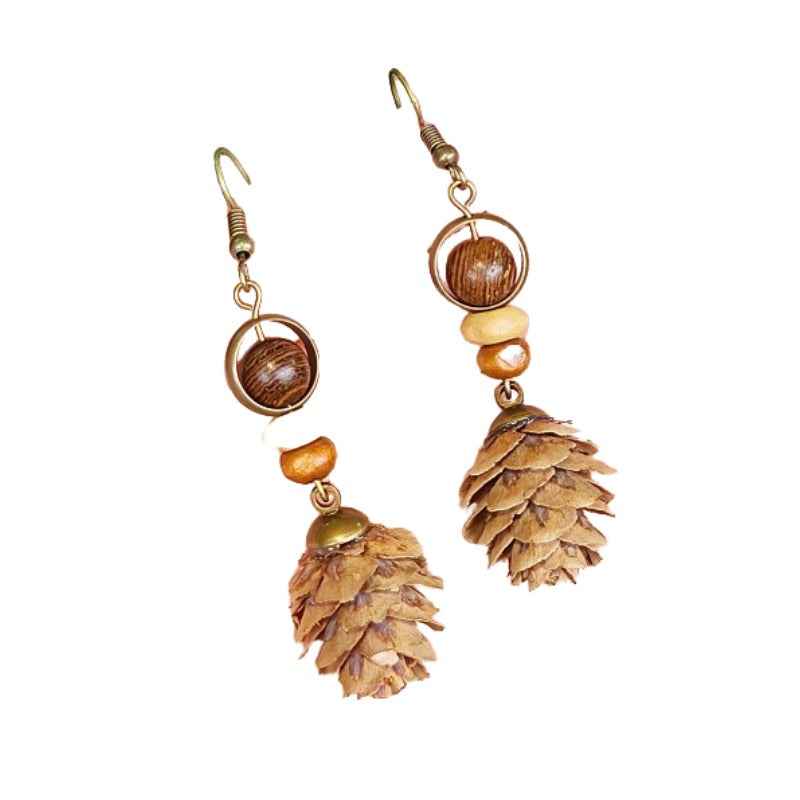 Handmade retro Mori dried fruit simple personality design models mahogany long hollow round wooden beads female earrings earrings