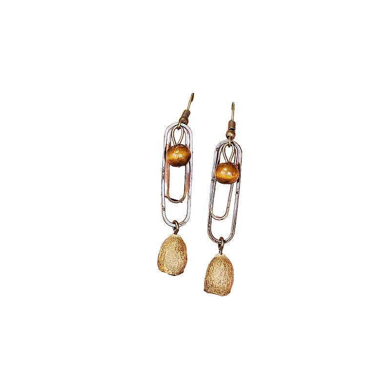 Creative earrings retro Mori dried fruit niche temperament white with long female wooden swing back dangling beads dried fruit earrings female