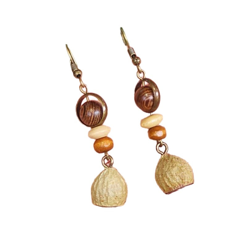 Handmade retro Mori dried fruit simple personality design models mahogany long hollow round wooden beads female earrings earrings