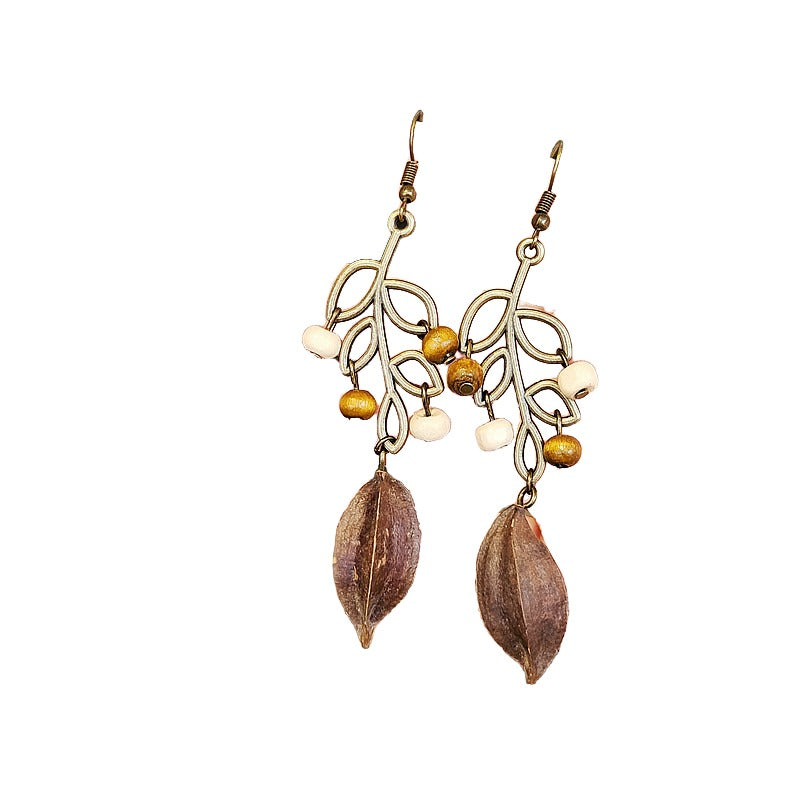 Vintage Mori natural dried fruit niche personalized design models mahogany long leaves hollow female earrings ear hooks