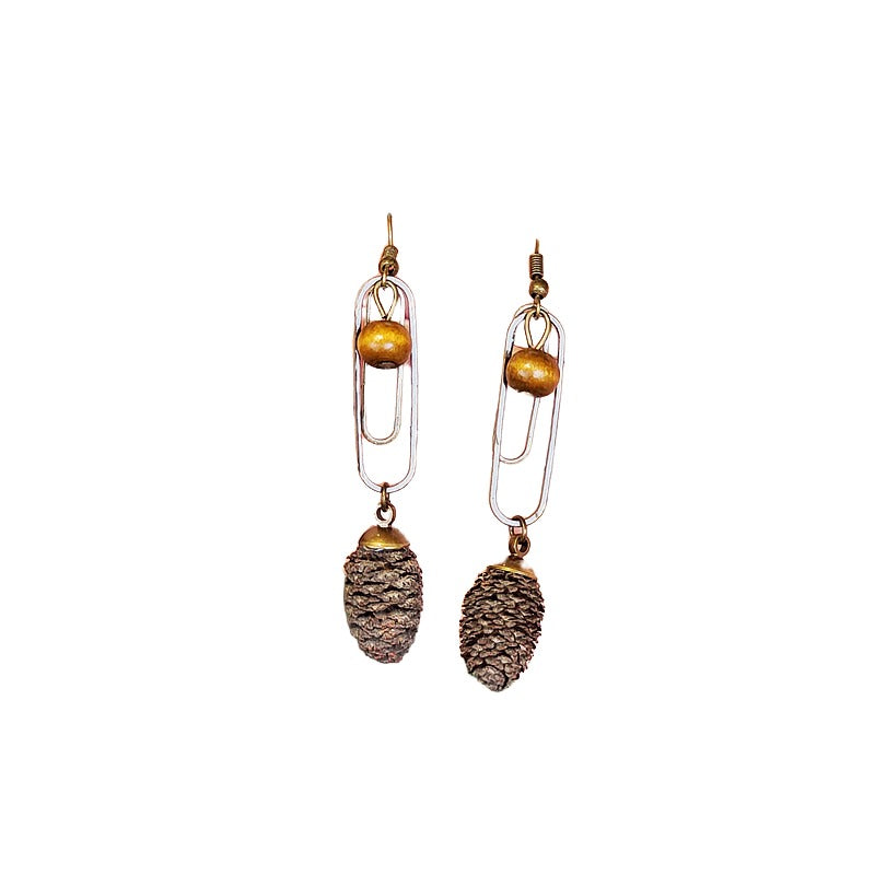 Creative earrings retro Mori dried fruit niche temperament white with long female wooden swing back dangling beads dried fruit earrings female
