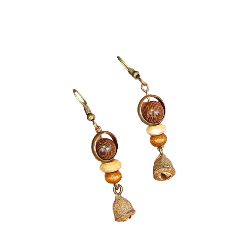 Handmade retro Mori dried fruit simple personality design models mahogany long hollow round wooden beads female earrings earrings