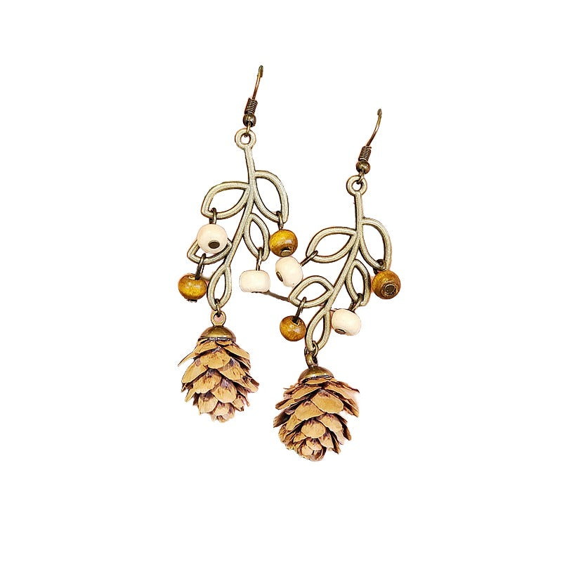 Vintage Mori natural dried fruit niche personalized design models mahogany long leaves hollow female earrings ear hooks
