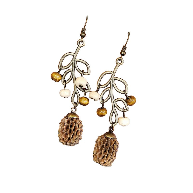 Vintage Mori natural dried fruit niche personalized design models mahogany long leaves hollow female earrings ear hooks