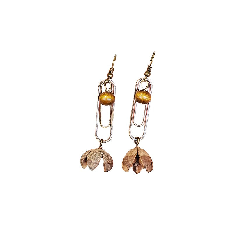 Creative earrings retro Mori dried fruit niche temperament white with long female wooden swing back dangling beads dried fruit earrings female