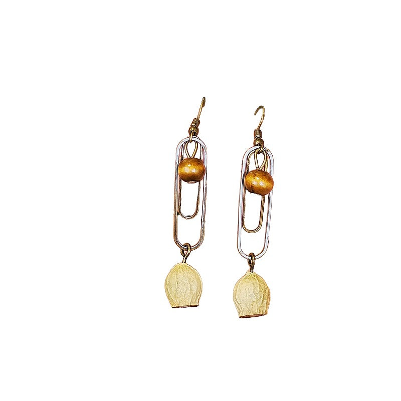 Creative earrings retro Mori dried fruit niche temperament white with long female wooden swing back dangling beads dried fruit earrings female