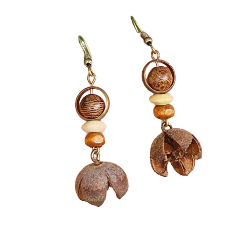 Handmade retro Mori dried fruit simple personality design models mahogany long hollow round wooden beads female earrings earrings