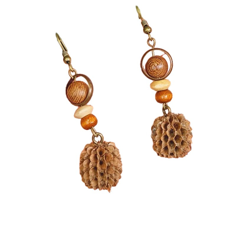 Handmade retro Mori dried fruit simple personality design models mahogany long hollow round wooden beads female earrings earrings