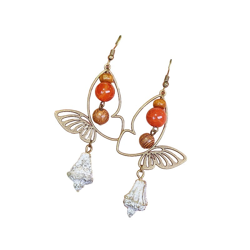 Handmade Vintage Mori Earrings Famous Holiday Bohemian Red Agate Butterfly Dangling Beads Dried Fruit Earrings