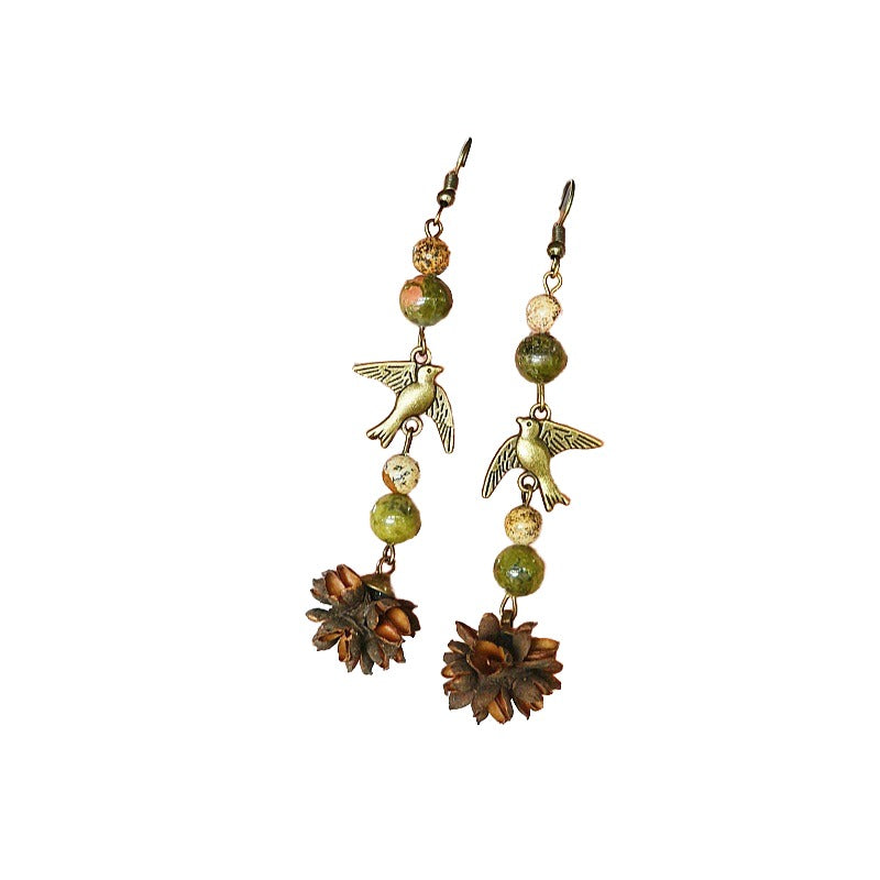 Handmade country style retro Mori earrings famous double flying swallows natural flower green stone national painting stone dangling beads dried fruit earrings