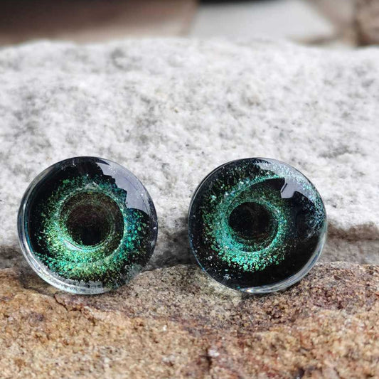 Green cosmic stars black hole swirls glass stud piercing jewellery, glass ear expanders, ear jewellery