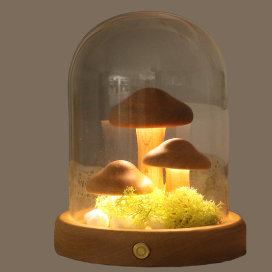 Bionic Wooden Mushroom Night Light with Glass Shade Indoor Bedside Cozy Decoration Birthday Gift Giveaway Ornament