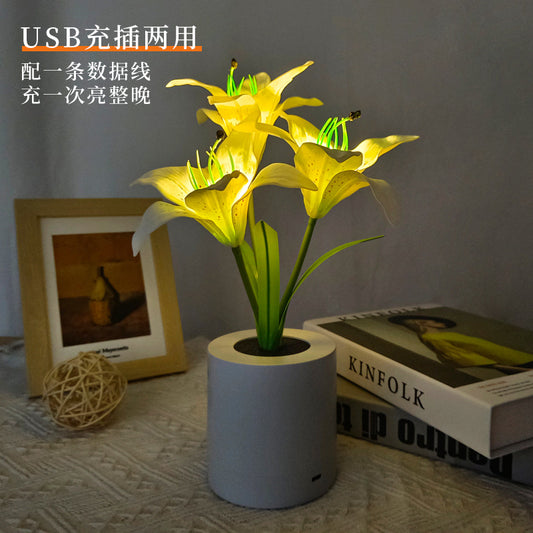 Rechargeable led lily pot light indoor ornament lily simulation flower decoration table lamp potted plant atmosphere night light