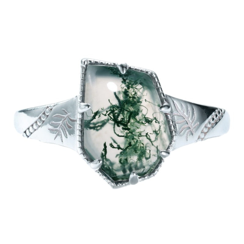 Bague géométrique de forme irrégulière en mousse verte, mode féminine populaire S925 argent sterling bague agate de cresson cross-border exclusive