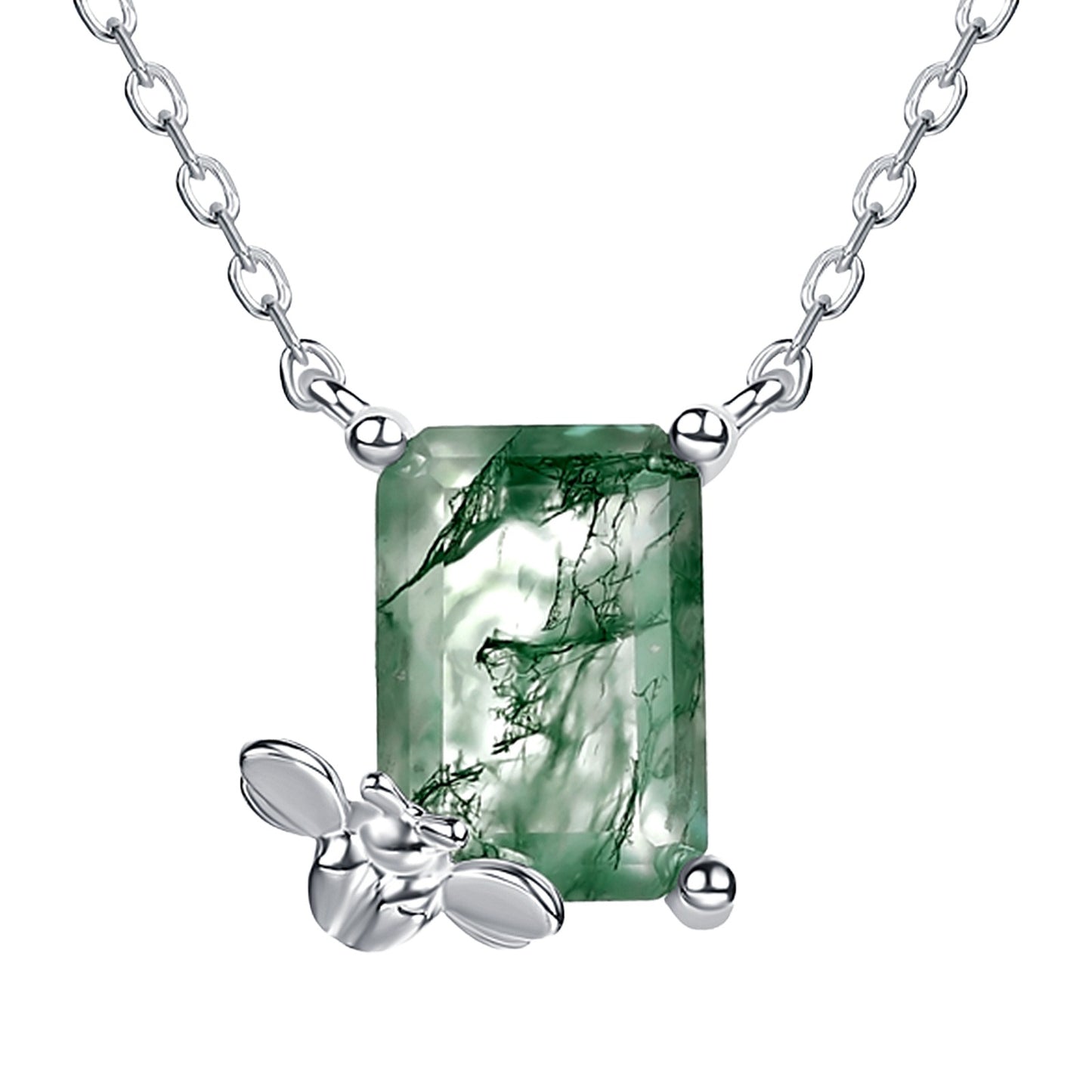 Collier transfrontalier en forme d'abeille en pierre naturelle moussue verte S925 argent agate cresson chaîne de clavicule Europe et États-Unis léger luxe