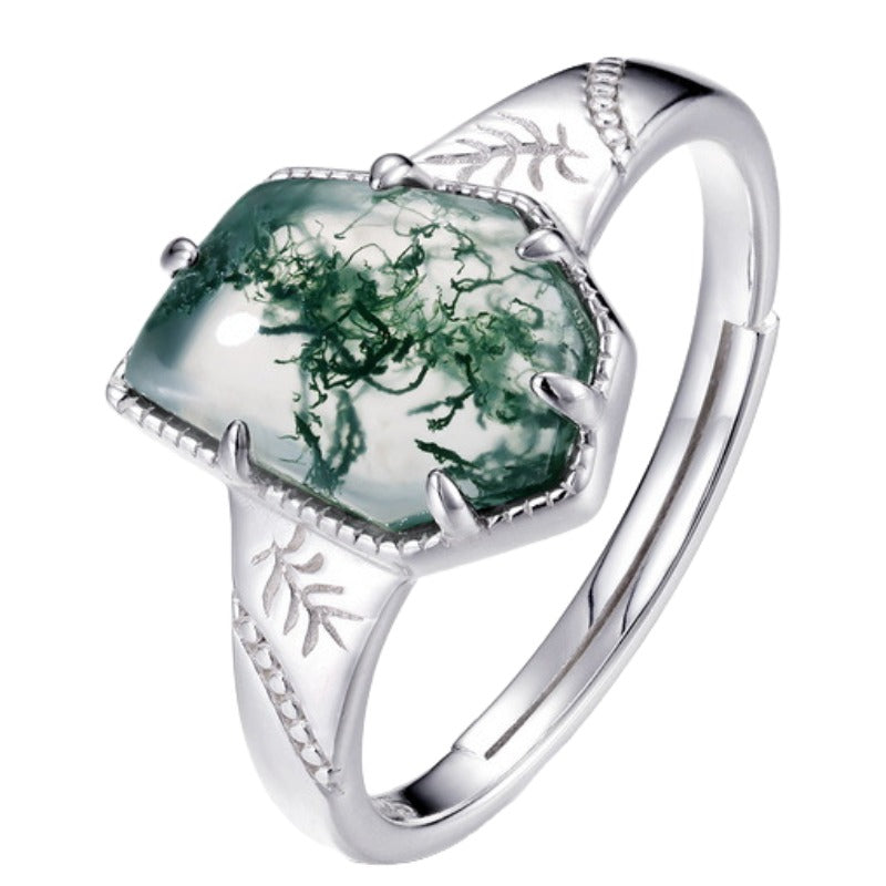 Bague géométrique de forme irrégulière en mousse verte, mode féminine populaire S925 argent sterling bague agate de cresson cross-border exclusive