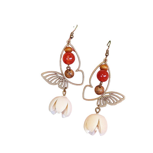 Handmade Vintage Mori Earrings Famous Holiday Bohemian Red Agate Butterfly Dangling Beads Dried Fruit Earrings
