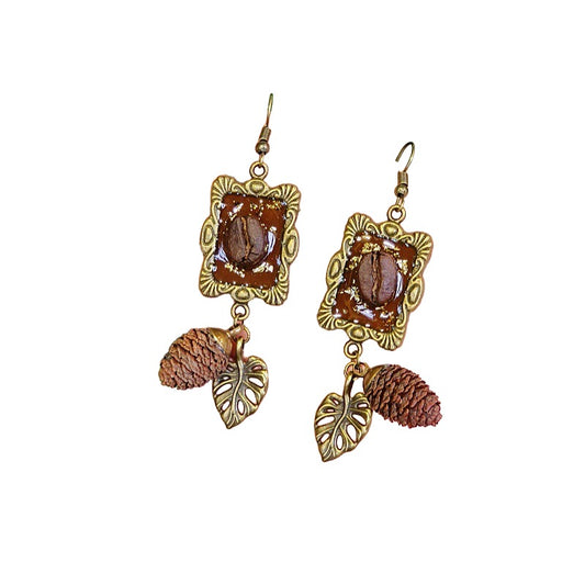 Chinese style retro niche Mori temperament earrings creative gorgeous coffee beans turtle back leaves real dried fruit handmade earrings