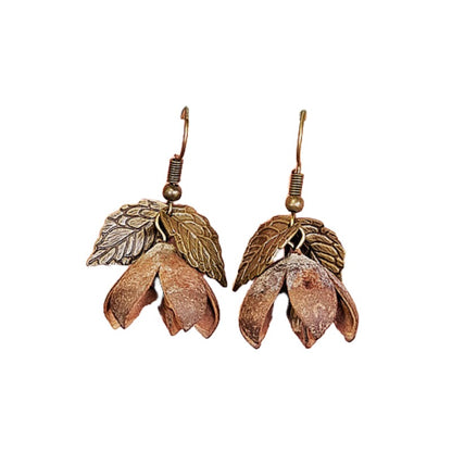 New Europe and the United States retro Mori system flowers and leaves fruit creative long section of wooden natural dried fruit tassel ethnic wind earrings