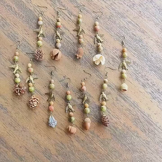 Handmade country style retro Mori earrings famous double flying swallows natural flower green stone national painting stone dangling beads dried fruit earrings
